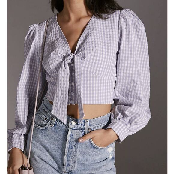 NWT Maeve By Anthropologie Womens Cropped Gingham Blouse 6 Puff Sleeve Front Tie - Picture 1 of 12